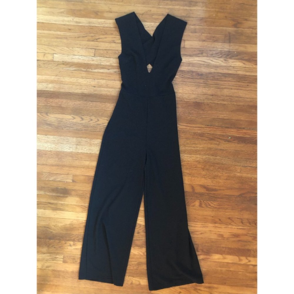 Black Deep V Jumpsuit, Cross Back